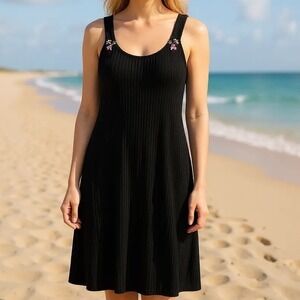 Pacific Beach Ribbed Black Tank Dress Floral Accent Sleeveless XL